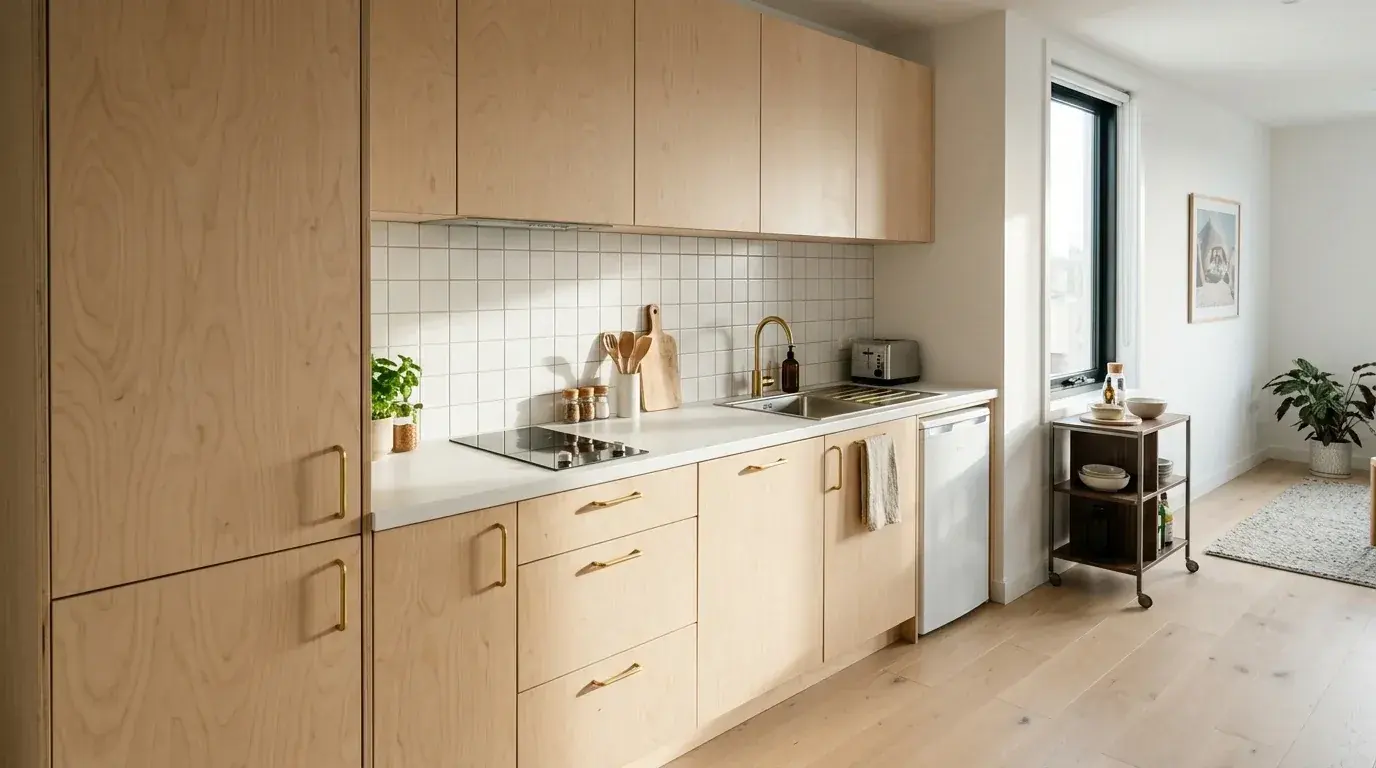 A small single-wall apartment kitchen in pale birch with fridge, sink and hob in sequence, tall storage at one end and a slim moveable trolley instead of an island