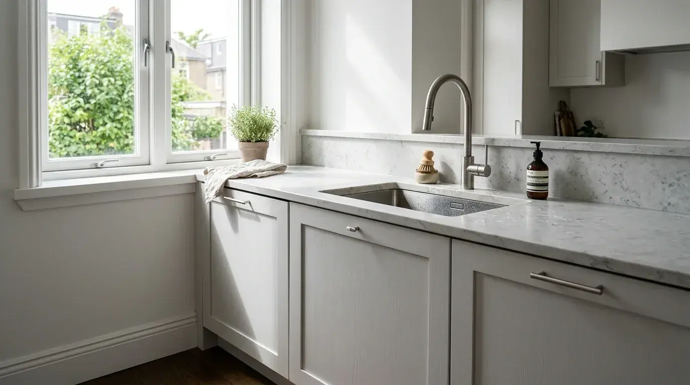 A kitchen cleaning zone with an undermount sink under a window, integrated dishwasher immediately alongside and a bin drawer below, backlight putting a wet sheen on the pale stone worktop