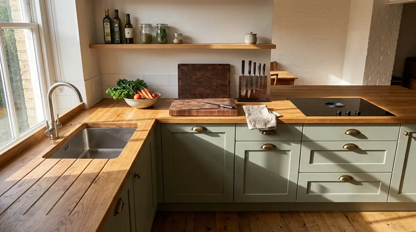 A kitchen prep zone with a long uninterrupted timber worktop between the sink and hob, chopping board and knife block, hard side light raking across the timber grain