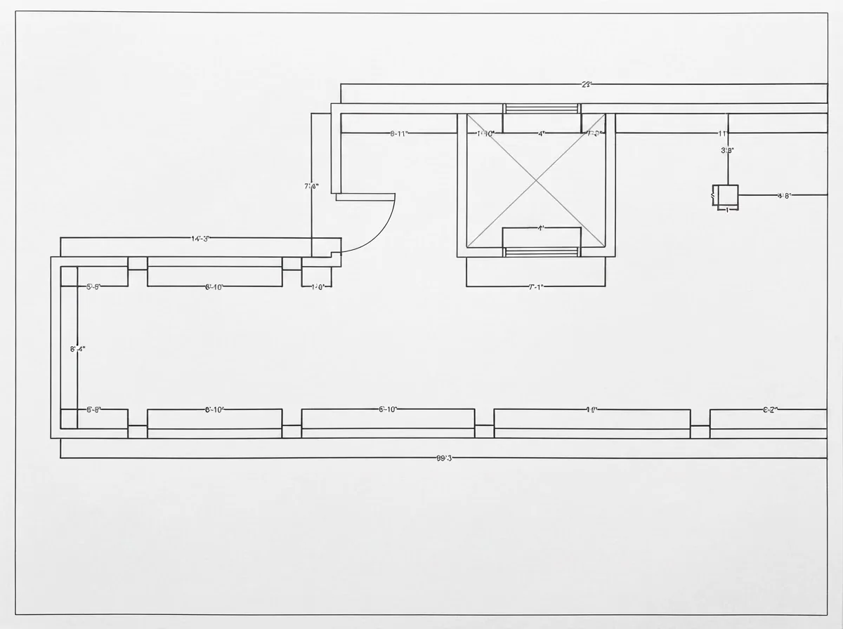 Black ink as-built plan of an existing apartment showing the measured walls, the lift shaft, one door and dimension notes, before any design