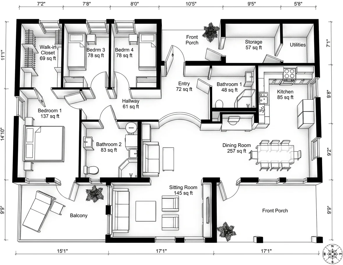 The same plan as a clean black line architectural drawing produced from the sketch