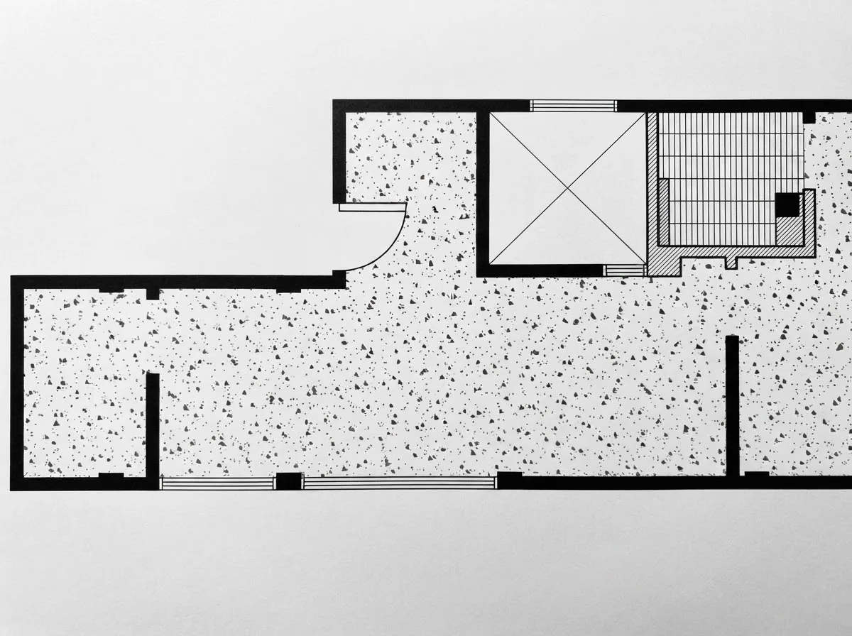 Black ink flooring plan of the same apartment with floor hatching showing where each floor finish goes
