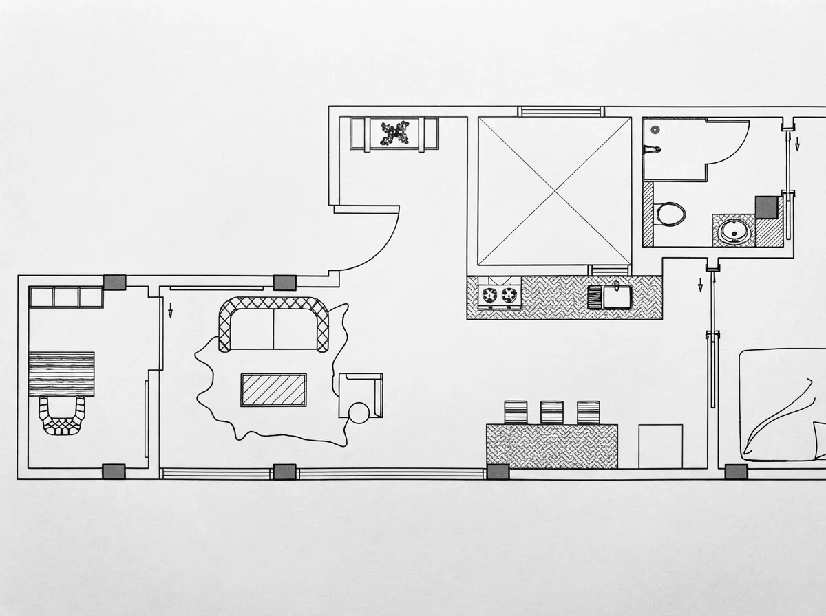 Black ink furniture plan of the same apartment with the kitchen run, sofa, desk, bed and bathroom fixtures drawn in