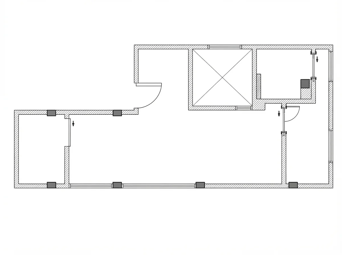 Black ink proposed plan of the same apartment with new partitions, doors and windows drawn onto the measured shell