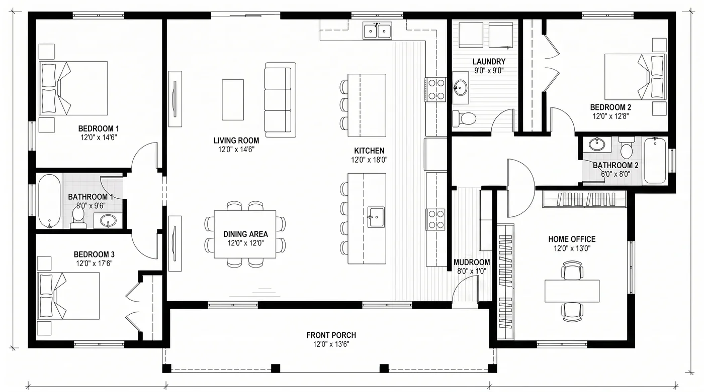 The same house plan with a home office drawn into the former garage footprint, desk and shelving in place
