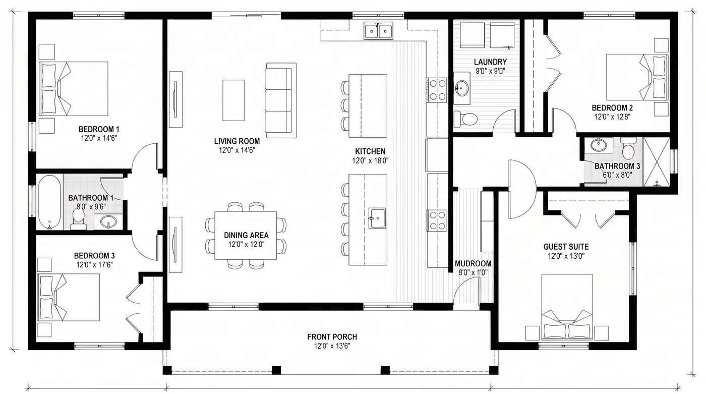 The same house plan with the office turned into a guest suite with a bed and its own bathroom