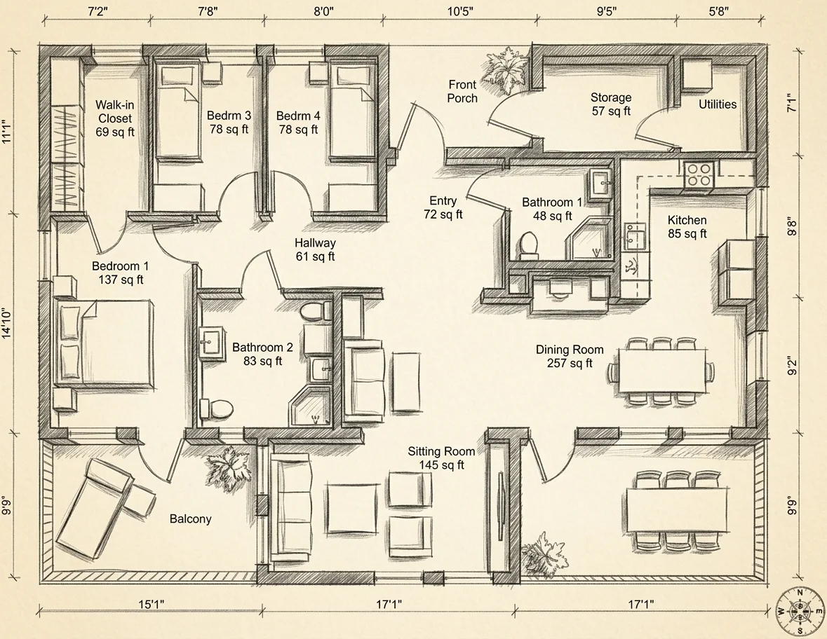 A floor plan rendered as a pencil sketch on aged paper, the sketch input style of the floor plan to 3D tool