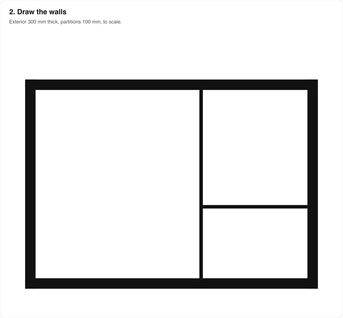 The same flat drawn to scale with thick exterior walls and thinner interior partitions, no openings yet