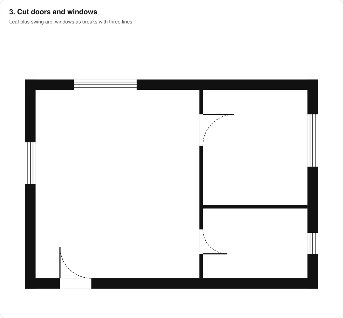 The flat with the entry door, bedroom and bathroom doors drawn with swing arcs and four windows drawn as breaks in the exterior walls