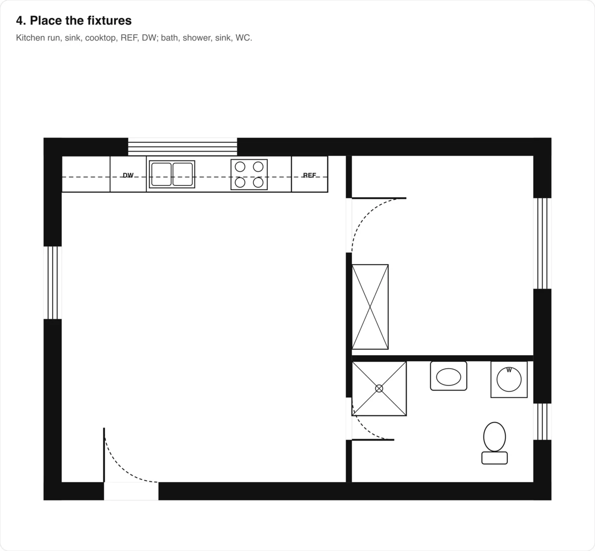 The flat with the kitchen run, sink, cooktop, REF and DW, a shower, basin, toilet and washer in the bathroom and a wardrobe in the bedroom