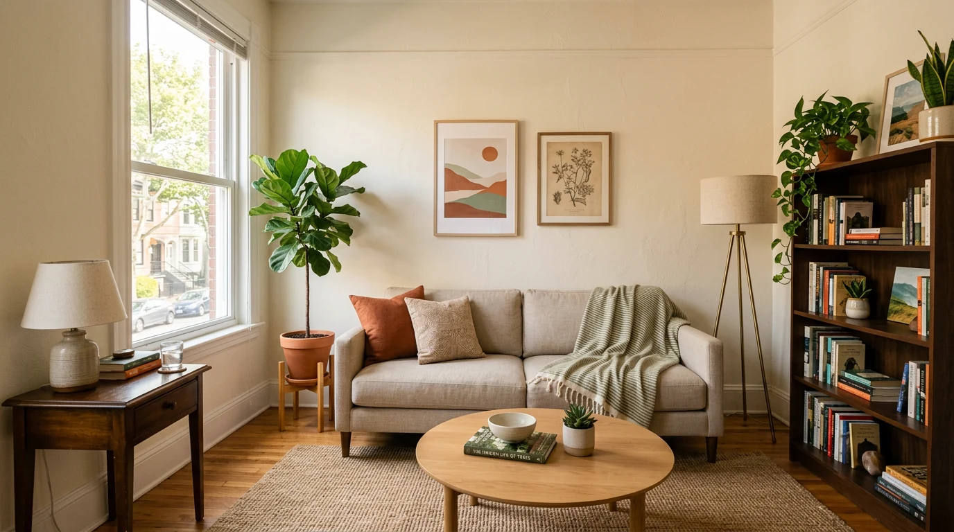 A small apartment living room furnished simply and kept uncluttered: a compact sofa, a slim wooden side table, a round coffee table, a bookshelf and a few plants, every piece scaled to fit the space