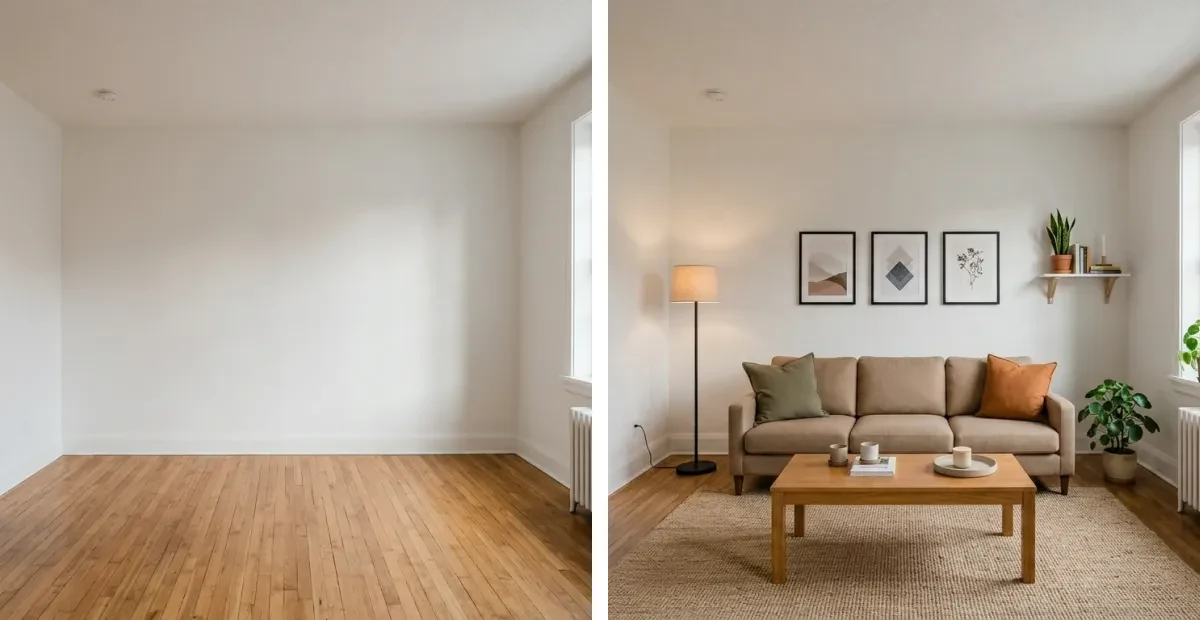 Before and after of the same studio apartment: empty on the left, fully furnished with a beige sofa, oak coffee table and jute rug on the right, planned with AI for zero designer fee