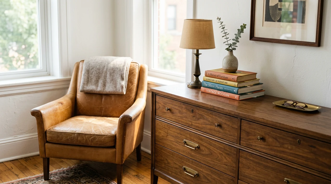 A restored solid-wood dresser with new hardware next to a characterful vintage leather armchair, styled with a vase, stacked books and a lamp, a smart secondhand find that looks expensive