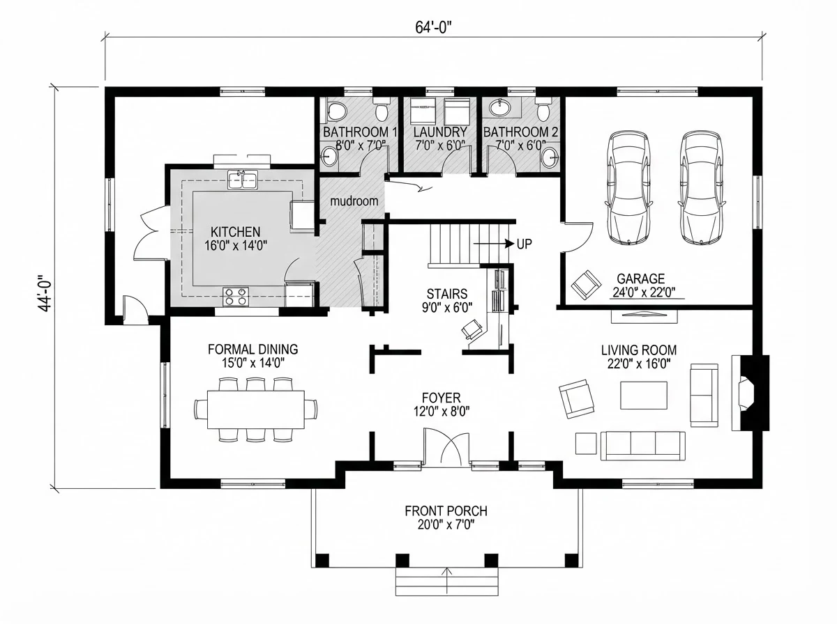 Black and white first floor plan of a 64 by 44 foot colonial with a center foyer and stairs, formal dining room, kitchen with mudroom, living room with fireplace and an attached two car garage