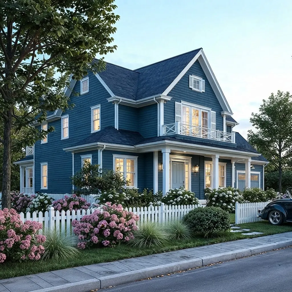 Navy blue two story colonial house with white trim, a covered front porch, a white picket fence and pink hydrangeas along the sidewalk