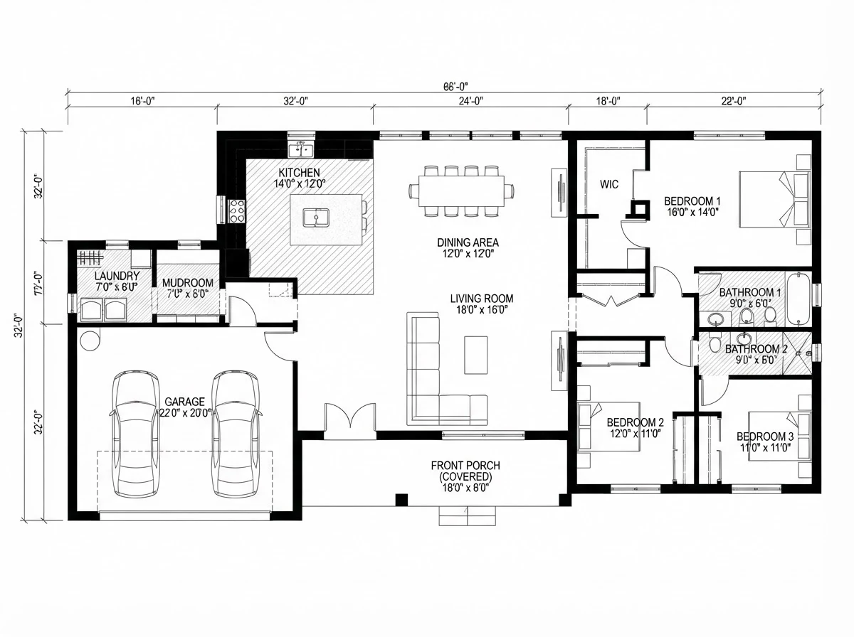 Black and white floor plan of a 66 foot wide ranch with a two car garage, laundry and mudroom on the left, an open kitchen, dining and living area in the middle and three bedrooms with two bathrooms on the right