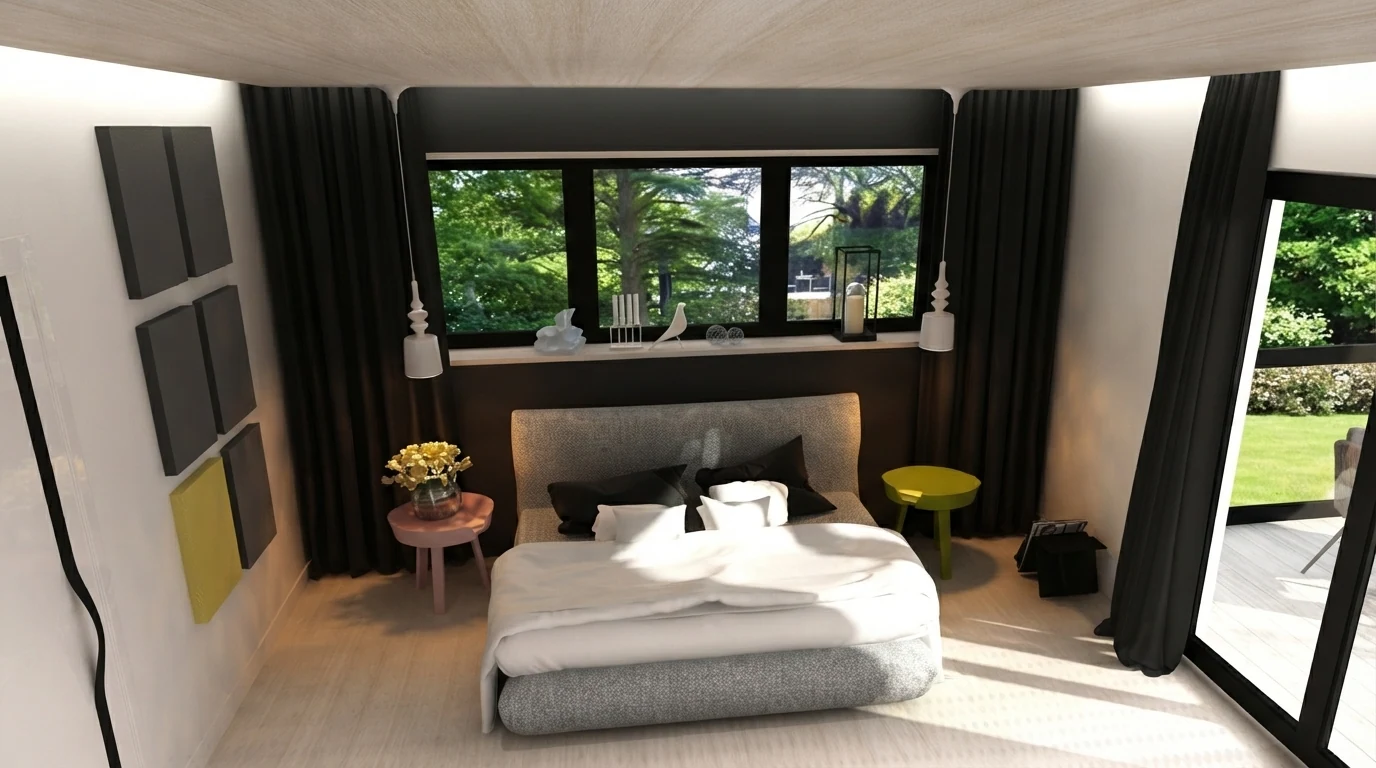 Attic bedroom render with black floor length curtains framing garden windows and a grey upholstered bed