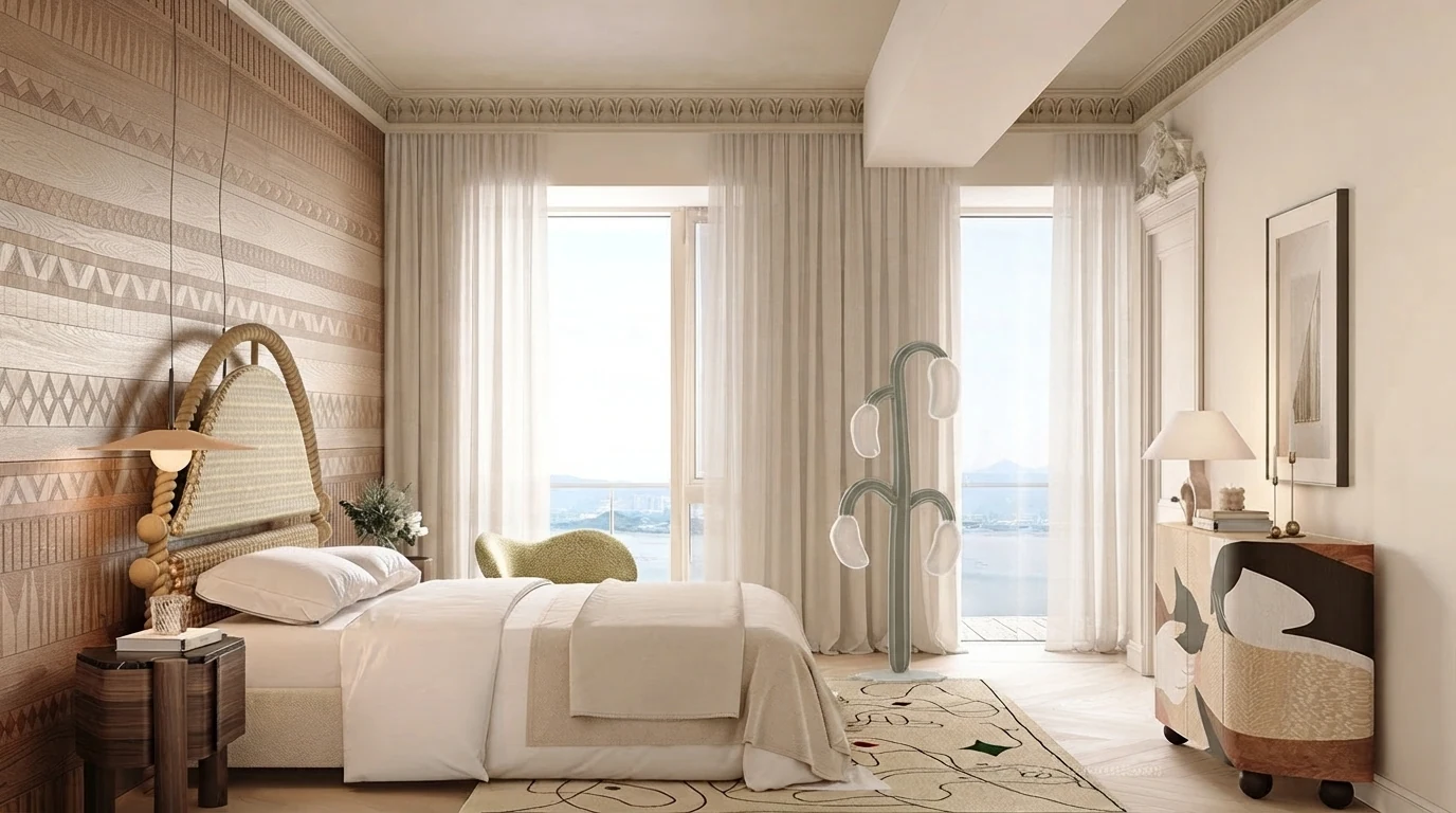 Coastal bedroom render with white sheer curtains hung high and wide over tall french windows, a carved timber feature wall and a rattan headboard