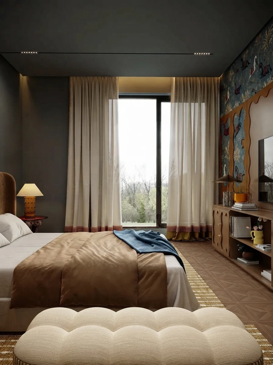 Bedroom render with cream curtains at a bright window beside a bed with a rust throw and a tufted bench