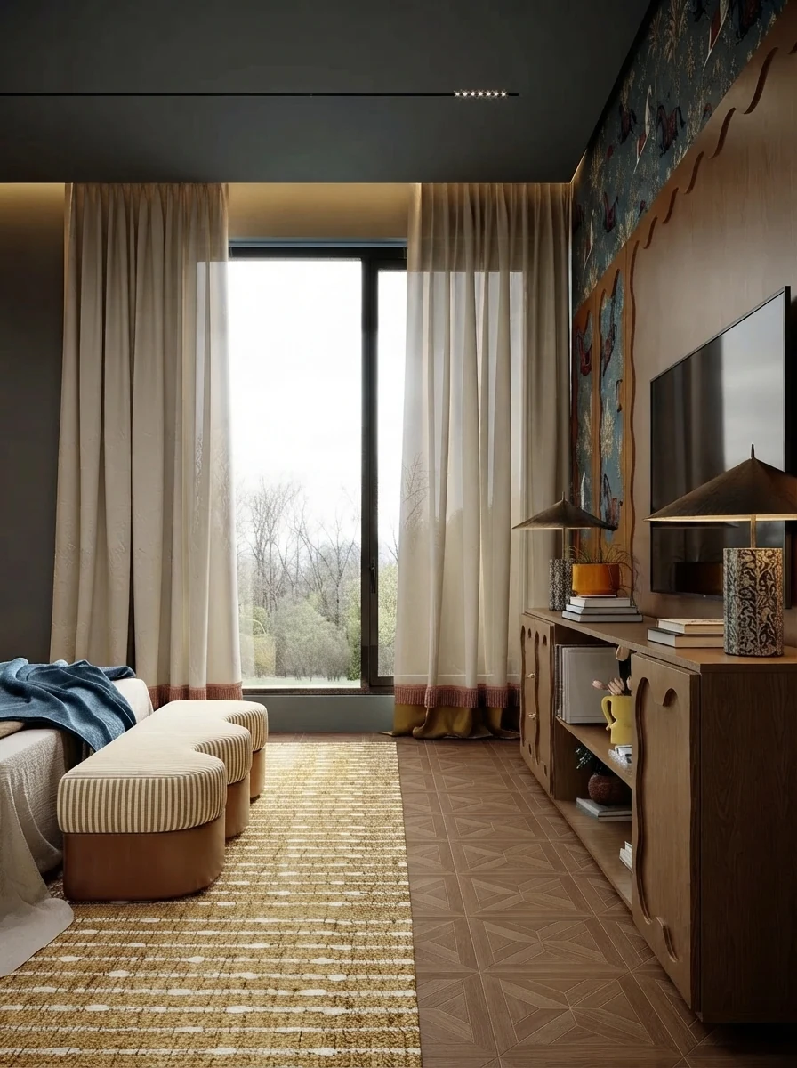 Warm bedroom render with cream and rust curtains on a garden window, a patterned gold rug and walnut shelving