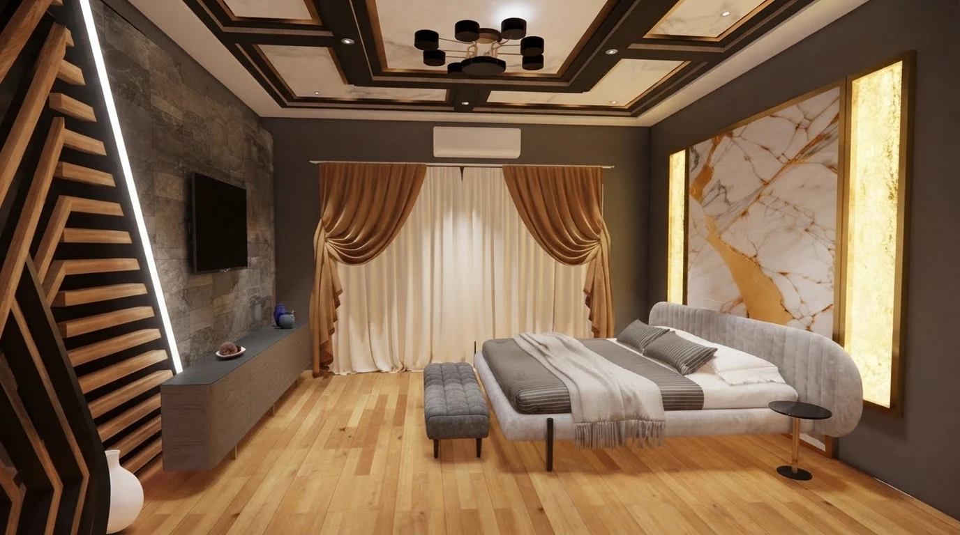 Luxury bedroom render with gold pleated curtains and a white sheer center panel over a backlit marble wall