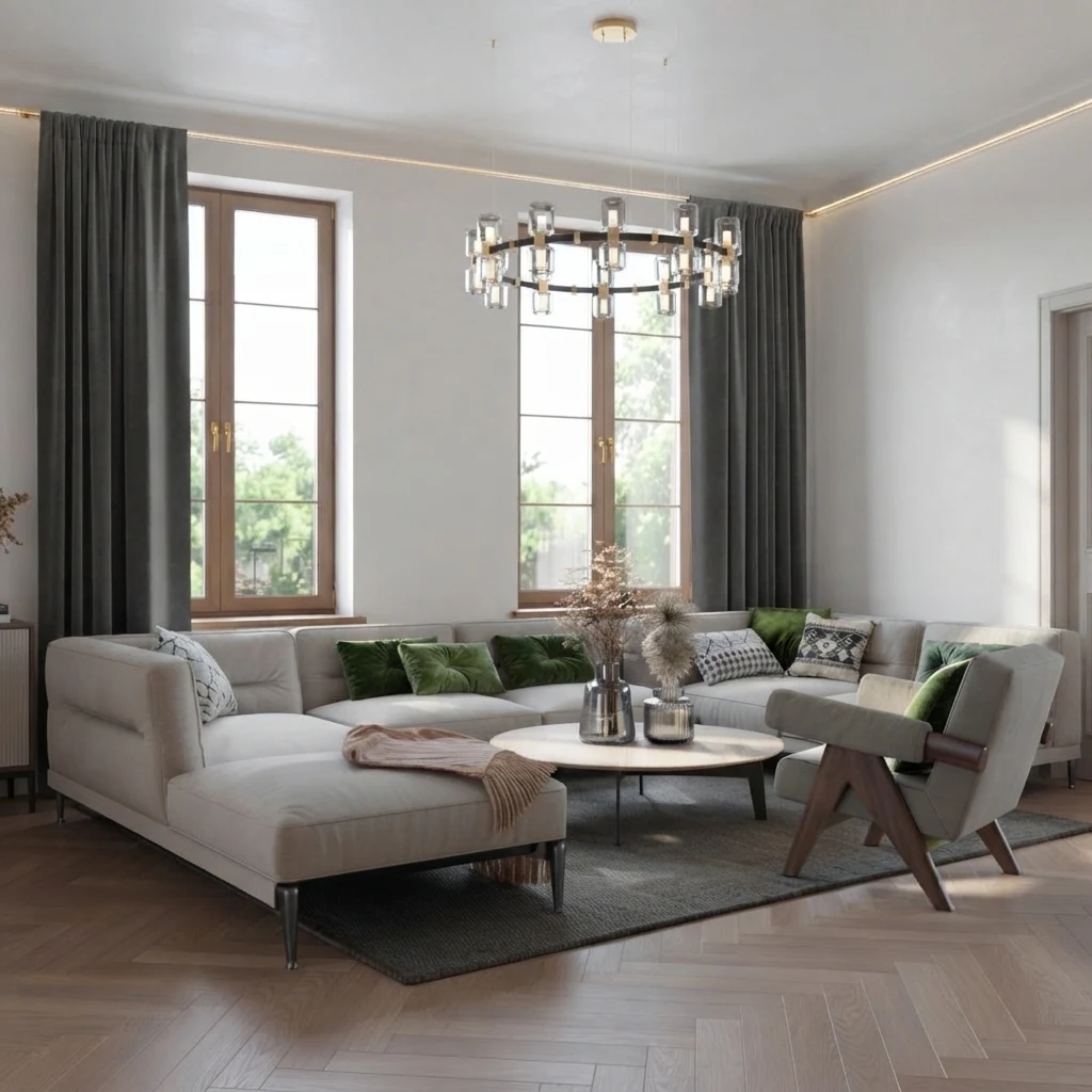 Living room render with floor length grey drapes on tall windows, a cream modular sofa and a smoky glass chandelier