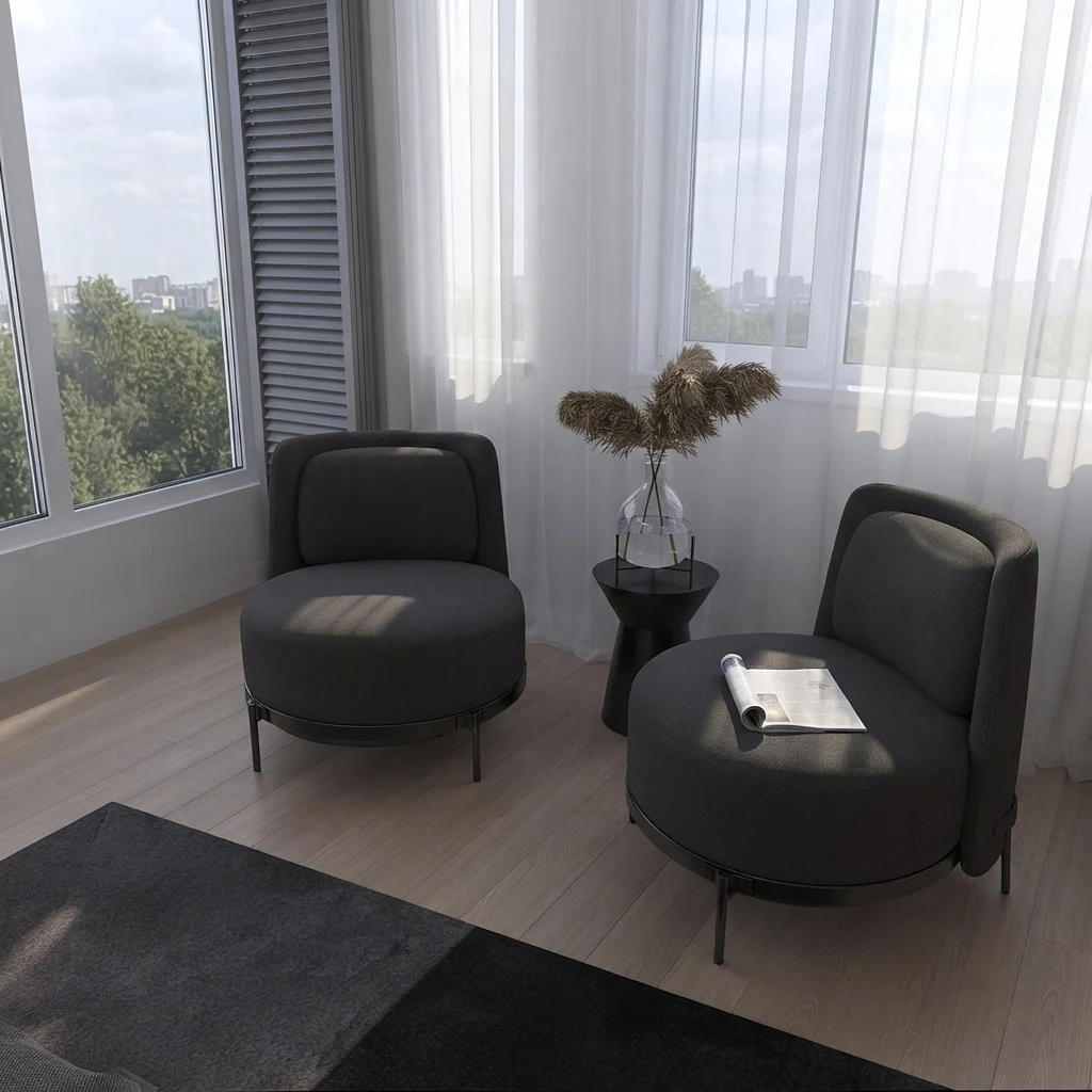Reading corner render with two dark boucle armchairs in front of a wall of white sheer curtains