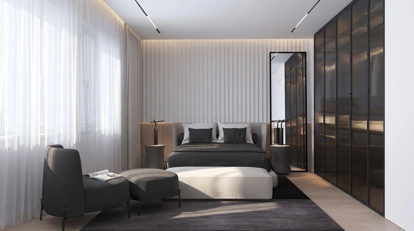 Minimal bedroom render with wall to wall white sheer curtains behind a charcoal bed, soft cove lighting and a dark rug