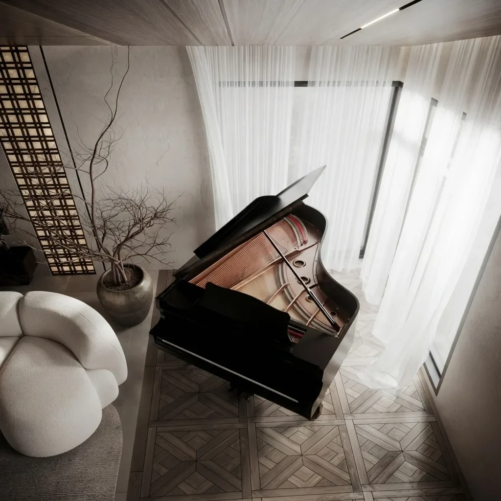 Room with tall white sheer curtains behind a grand piano, the fabric reaching the parquet floor and folding softly where it lands