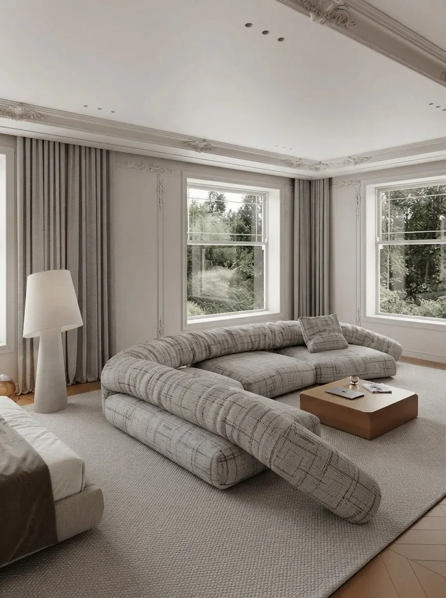 Room with two windows meeting near a corner, each with its own pair of panels, the inner panels stacking into the narrow pier of wall between them