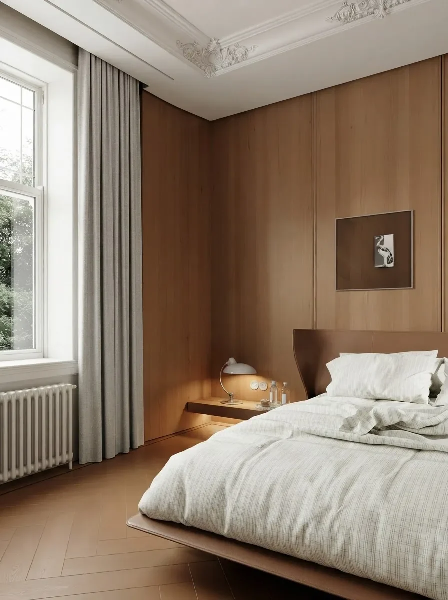 Bedroom with a single curtain panel hung close to the top of a tall sash window, a radiator below the sill, and the hem finishing just clear of the herringbone floor