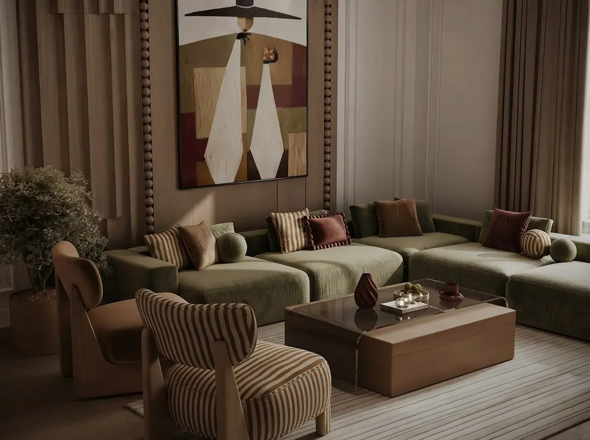 Living room with panels hung from close to the ceiling on both sides of the room, running the full height of the wall to the floor behind an olive green modular sofa