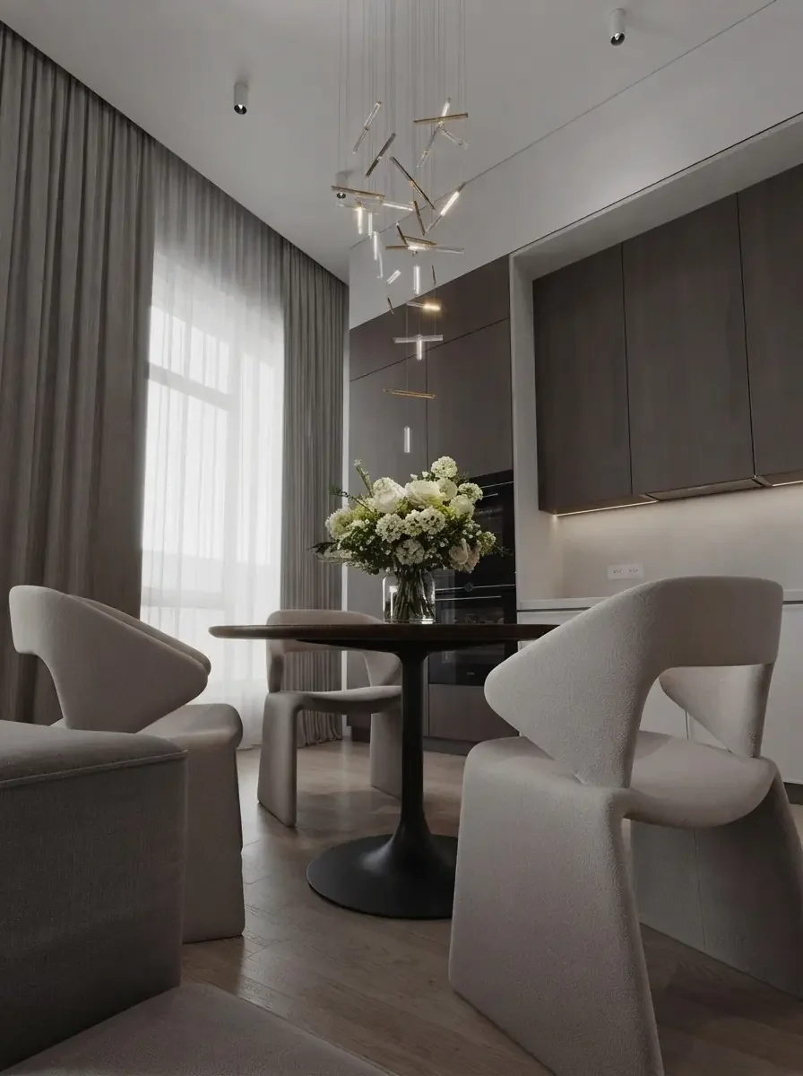 Dining area with a heavy lined grey curtain panel hung from ceiling height beside a full height window, falling straight to the floor
