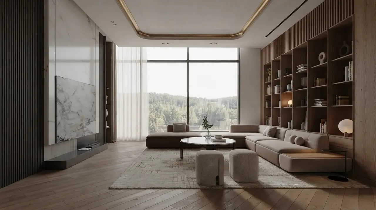 Living room with a full height sheer panel hung from the ceiling beside a tall picture window, the fabric falling in continuous soft folds to the floor