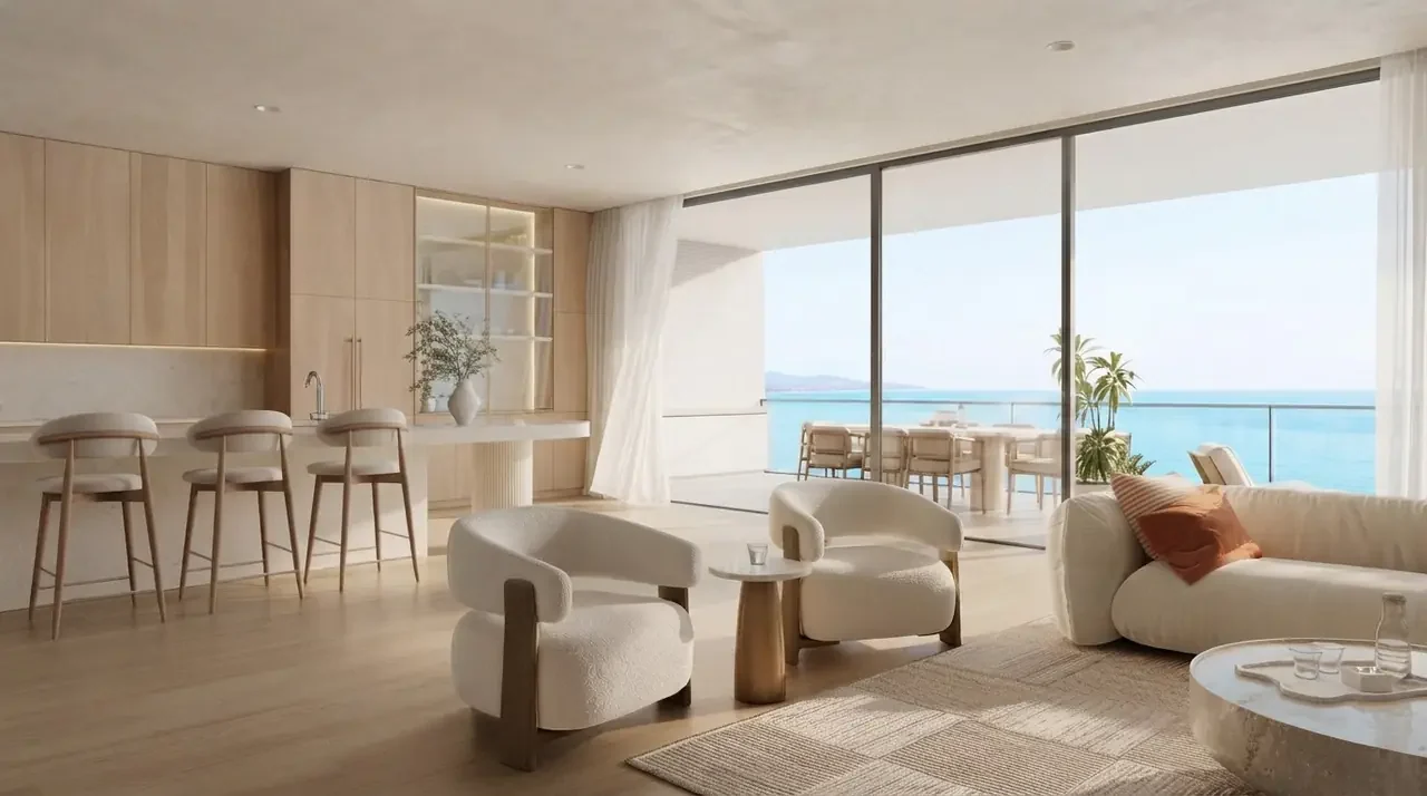 Open plan living room with a sheer panel stacked to one side of a floor to ceiling sliding door, the hem finishing just above the timber floor