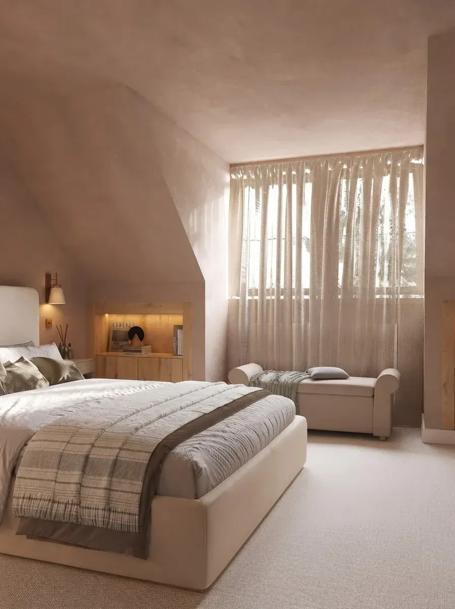 Attic bedroom under a sloping ceiling with a full width sheer curtain hung on a track against the low wall, the fabric reaching the carpet