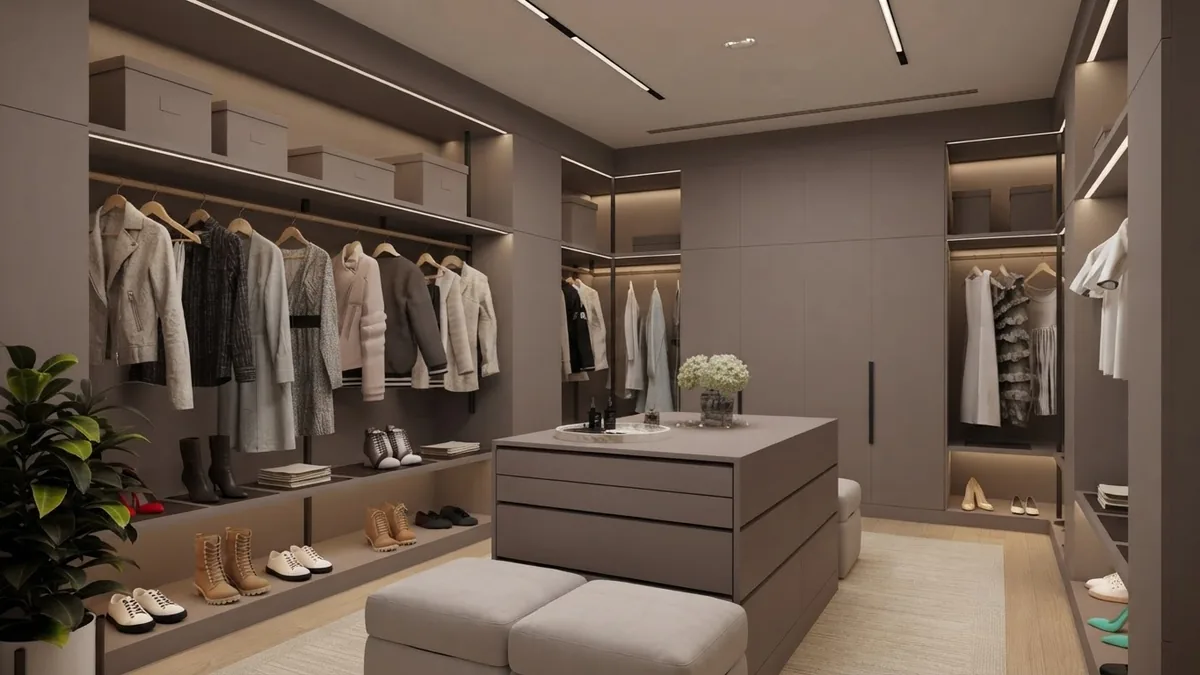 Greige walk-in closet concept with a center island, upholstered ottomans, open double hanging and staged shoe shelves