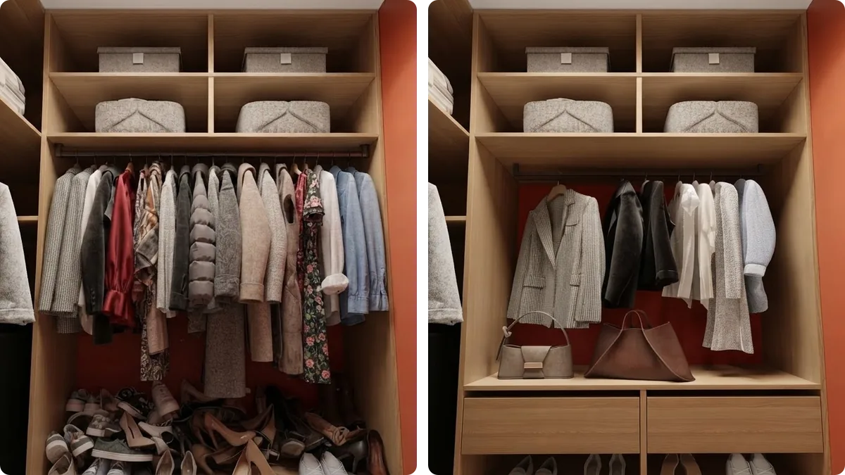 Before and after of the same terracotta closet, a single overstuffed rod with shoes piled on the floor next to the same closet organized with curated hanging, handbags on a shelf and drawers below