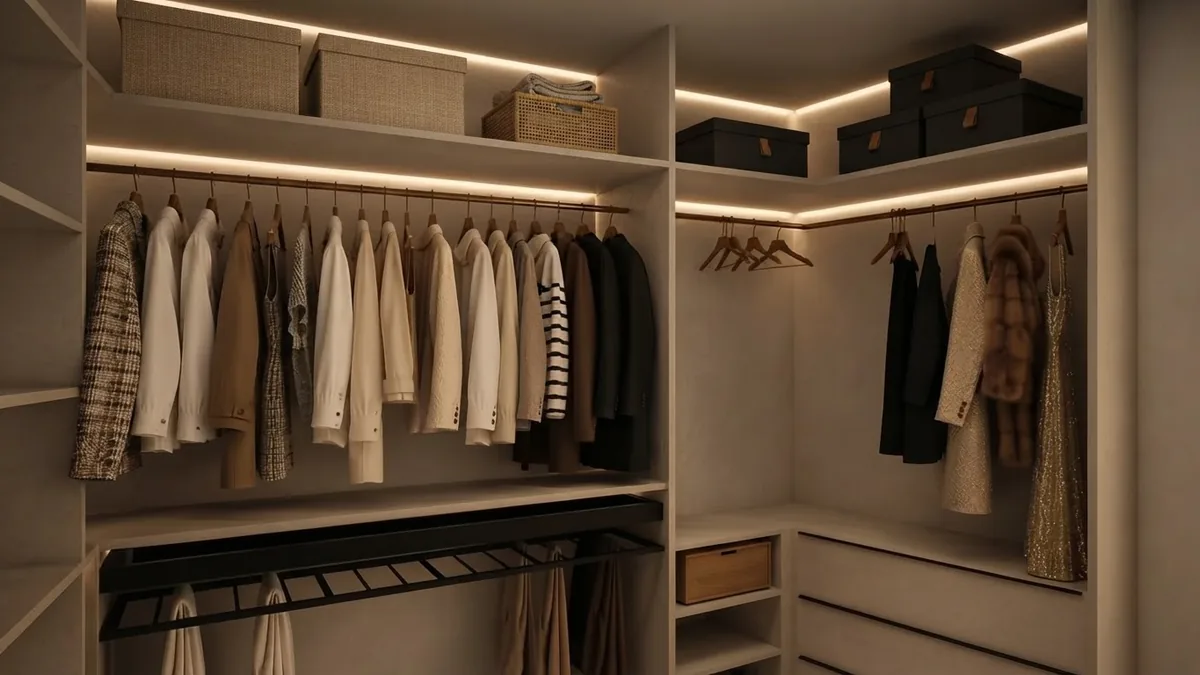 Organized wardrobe elevation with a hanging rod over a pull-out pants rack, folded storage boxes on the top shelf and a corner rod for long garments