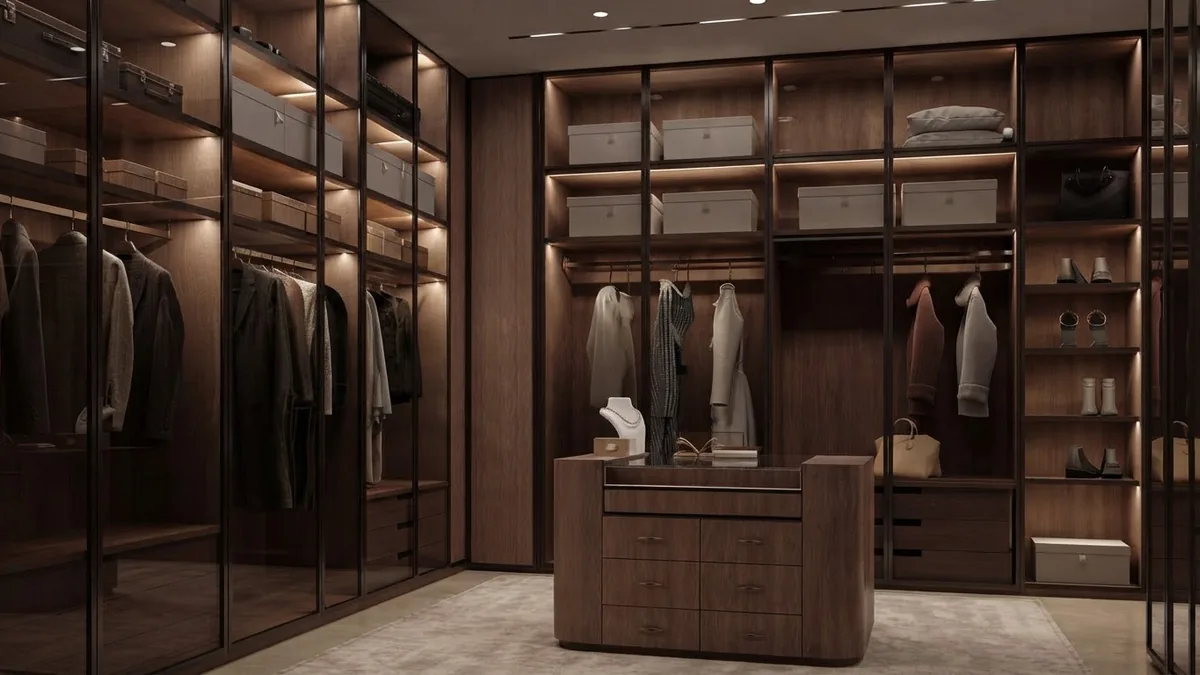 Dark wood walk-in closet with glass wardrobe doors, a central island dresser and organized double hanging sections