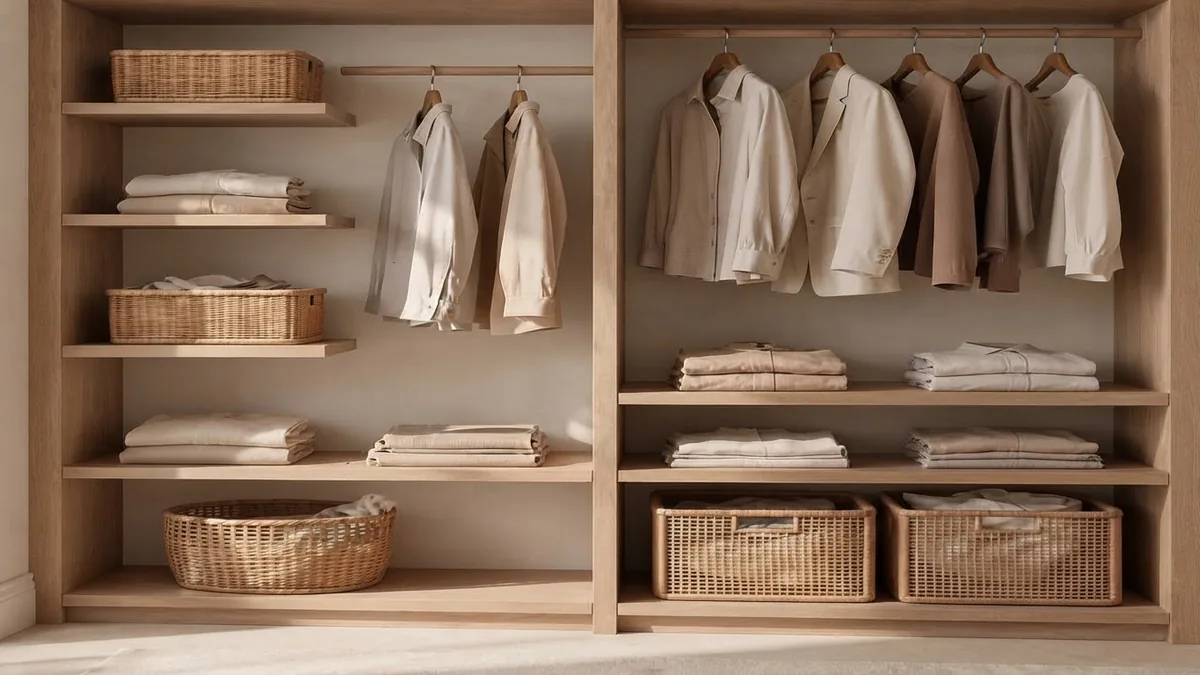 Light oak wardrobe with zones, folded linen stacks and wicker baskets on shelves beside a double rod of shirts and jackets