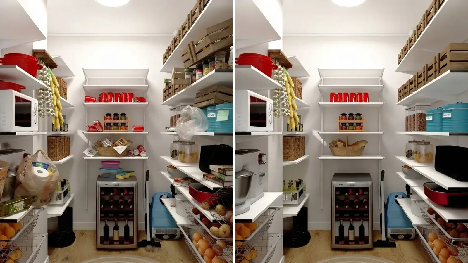 Small white walk-in pantry shown twice side by side, left with grocery bags, loose cans and clutter across the shelves, right the same shelves faced and grouped with the floor clear