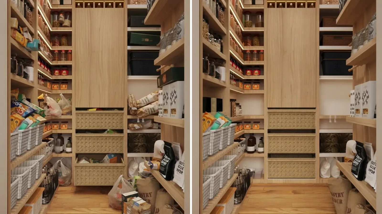 Walk-in pantry with oak shelving shown twice side by side, left crowded with slumped bags, sideways boxes and groceries wedged at random, right the same room with jars grouped on lit shelves, baskets in rows and clear floor