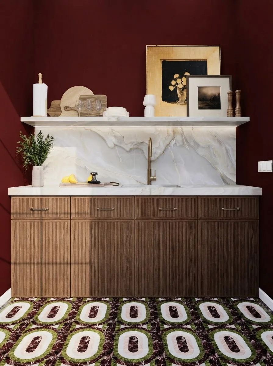 Butler pantry counter with fluted wood cabinetry, a marble backsplash shelf and deep burgundy walls