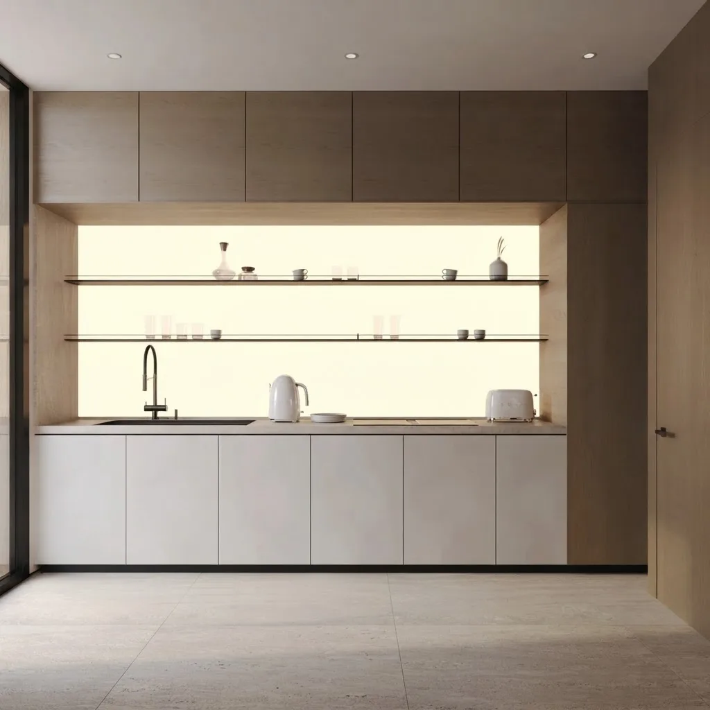 Concealed pantry and coffee niche with backlit shelves set into a cream cabinet wall in a minimal living space