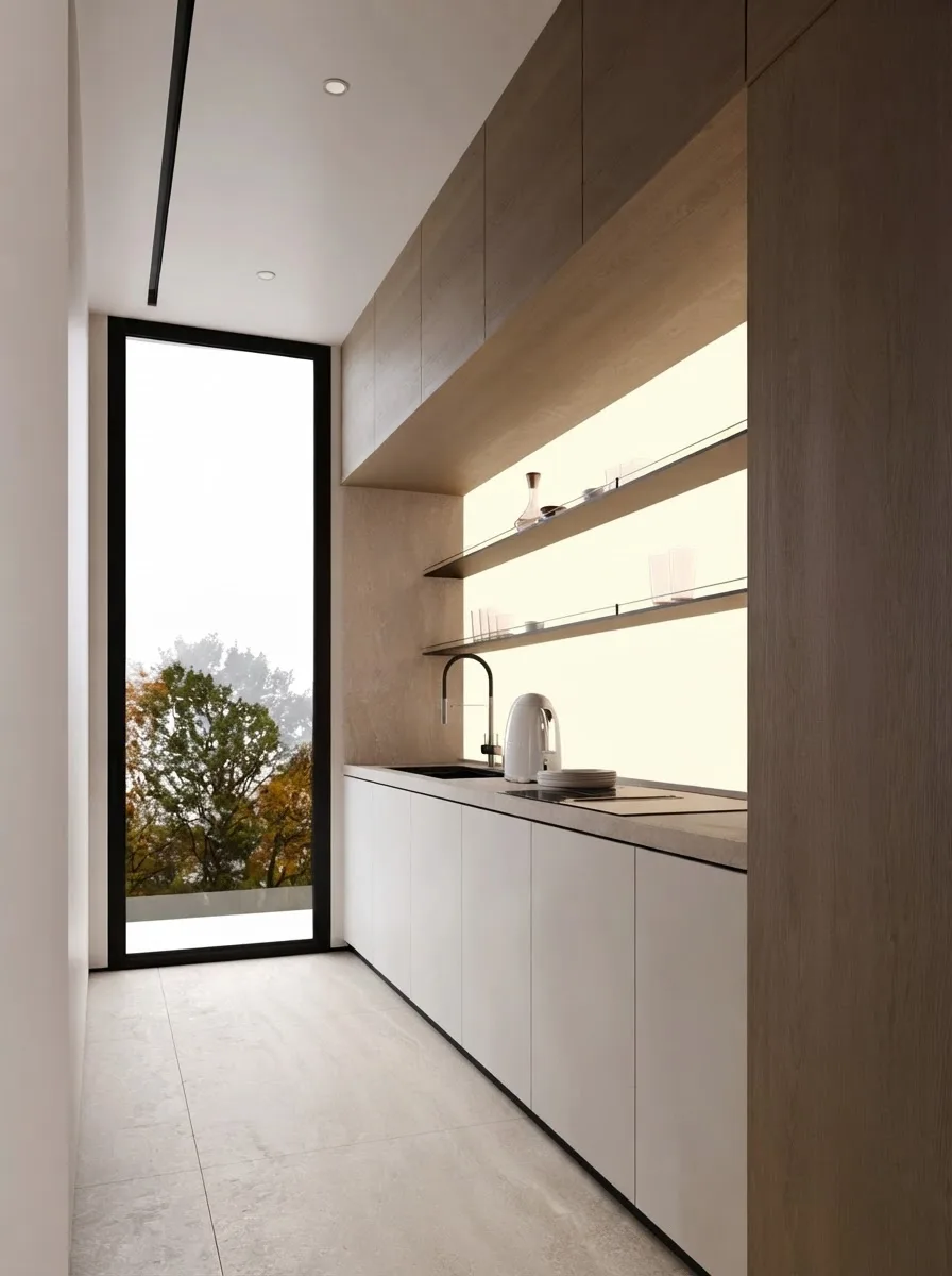 Narrow galley pantry corridor with backlit open shelving running along one wall in a minimal cream apartment