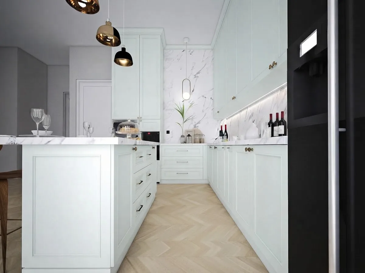 Soft green galley kitchen with classic cabinets and a black glass fridge at the far end
