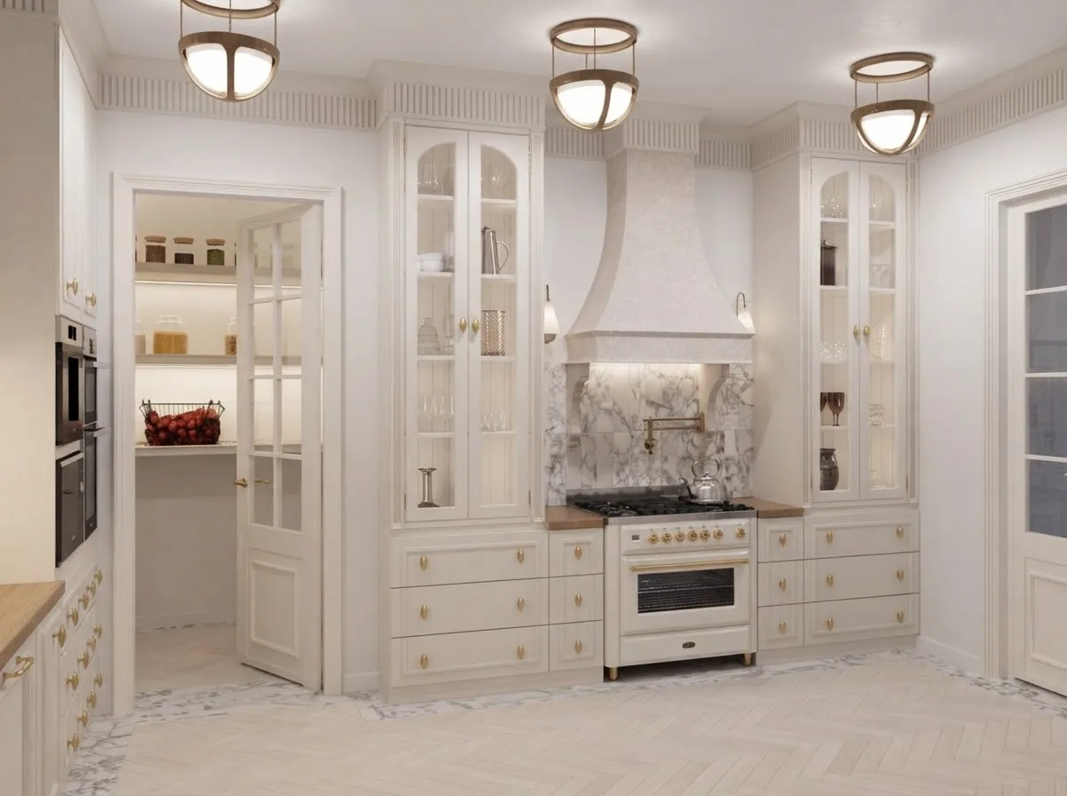 Cream classic kitchen with a range wall and an open door revealing a stocked corner walk-in pantry