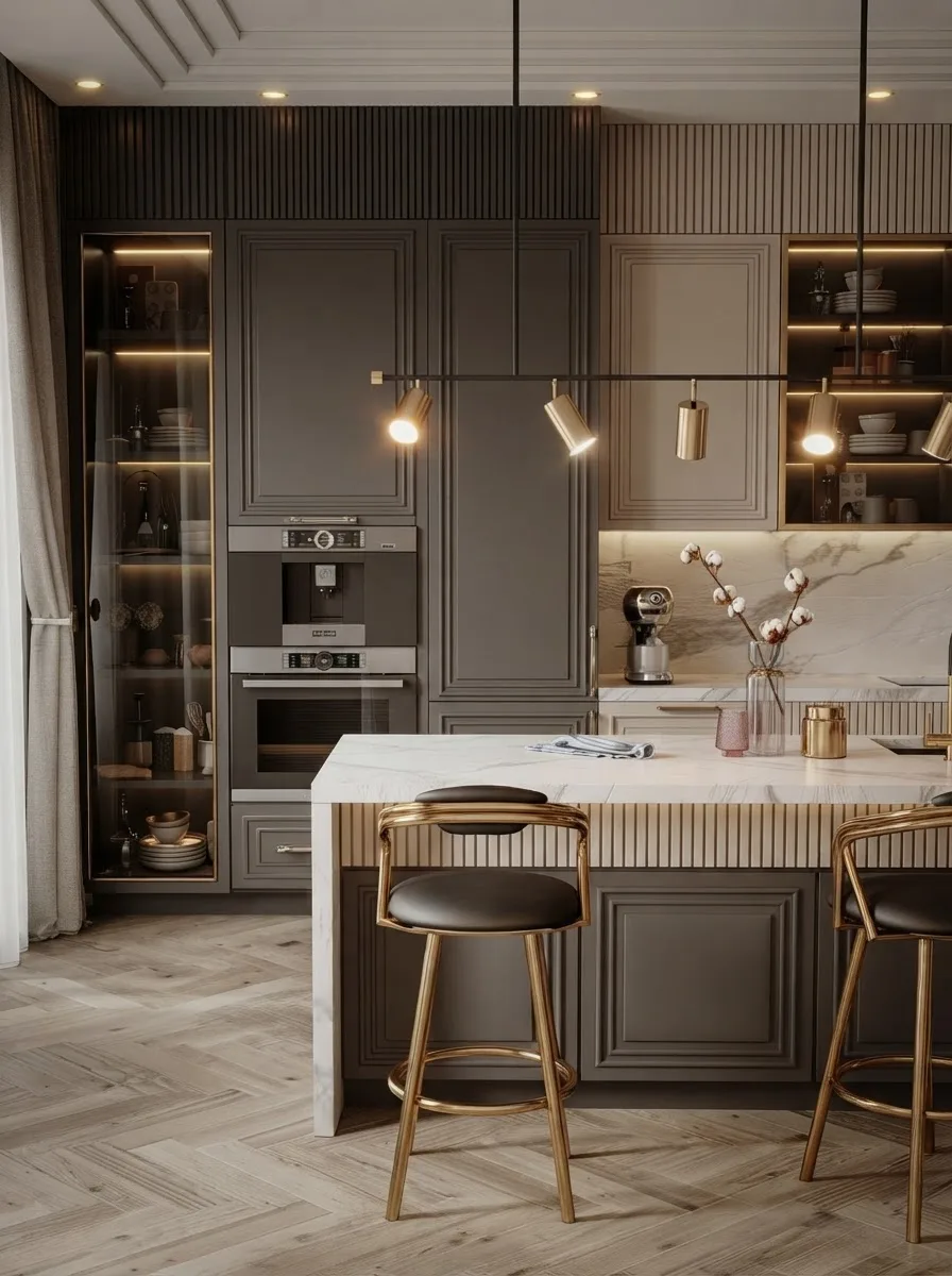 Dark grey classic kitchen with a floor to ceiling glass front pantry cabinet, backlit shelves holding jars and bottles