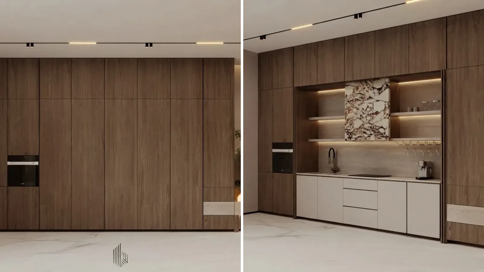 Walnut wall in a family living area shown closed as plain paneling on the left and open on the right revealing a butler pantry with lit shelves and a counter